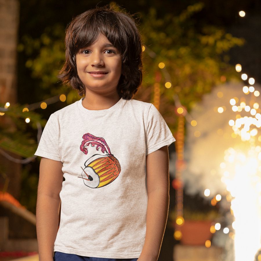 Kids Durga Puja Dhak - 100% 0rganic Cotton - Environment Friendly Ink - Celebrate Our Agomoni Collection With Your Kids(8 years to 15 years)