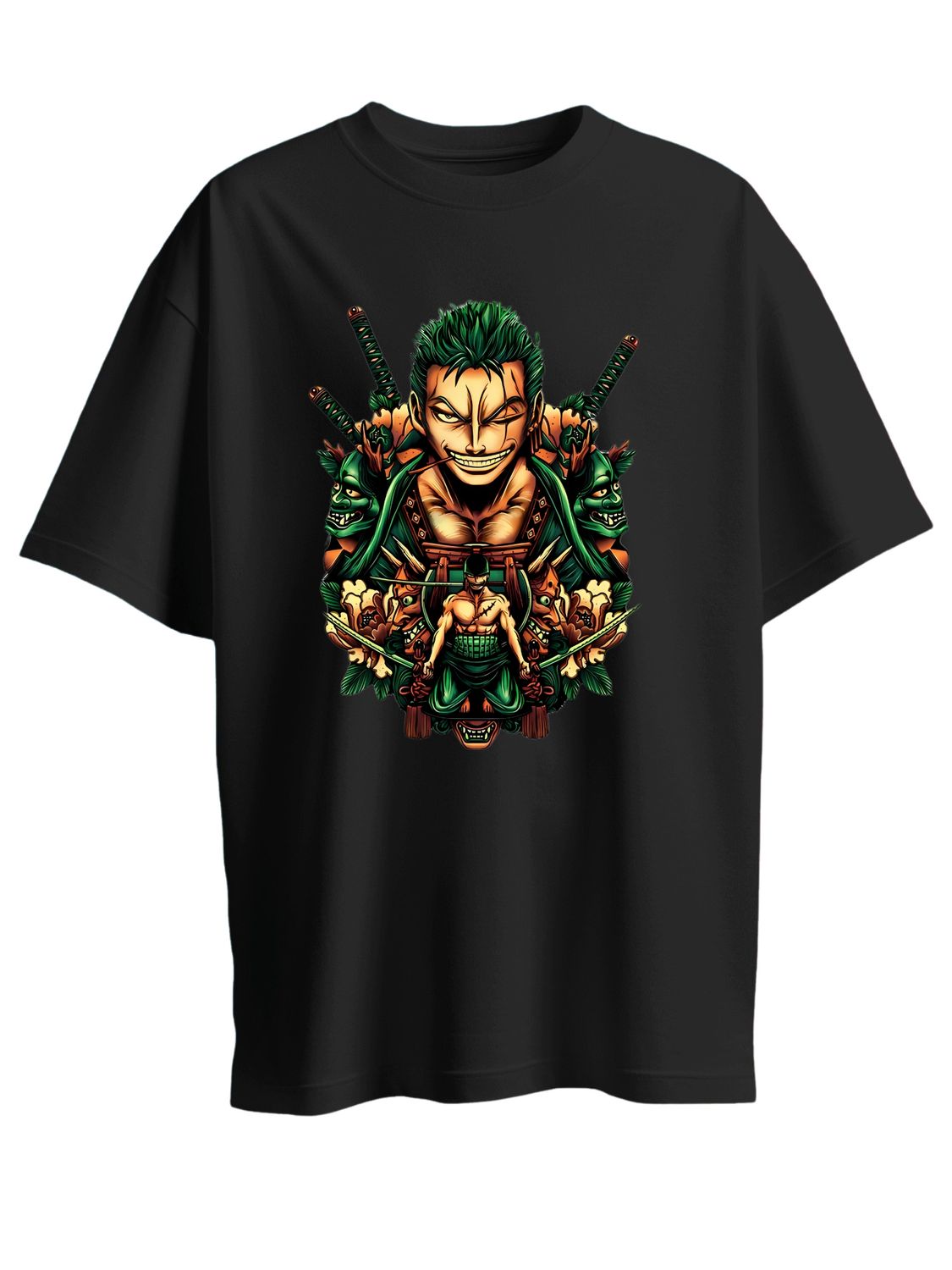 Roads to India® Men's Pure Cotton Casual T-Shirt – Roronoa Zoro Anime Tee Graphic Print | Unisex Fit (Regular & Oversized) | 180/220 GSM | Half Sleeve, Round Neck | S–5XL | Black
