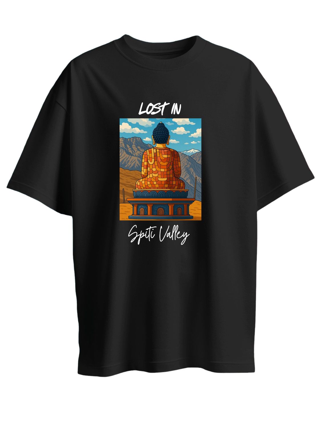 Roads to India® Pure Cotton Regular, Oversized Travel t-shirt for Men - Lost in Spiti Valley - Unisex Round Neck Printed Casual fit Drop Shoulder 180-220 GSM | S - 5XL | Black