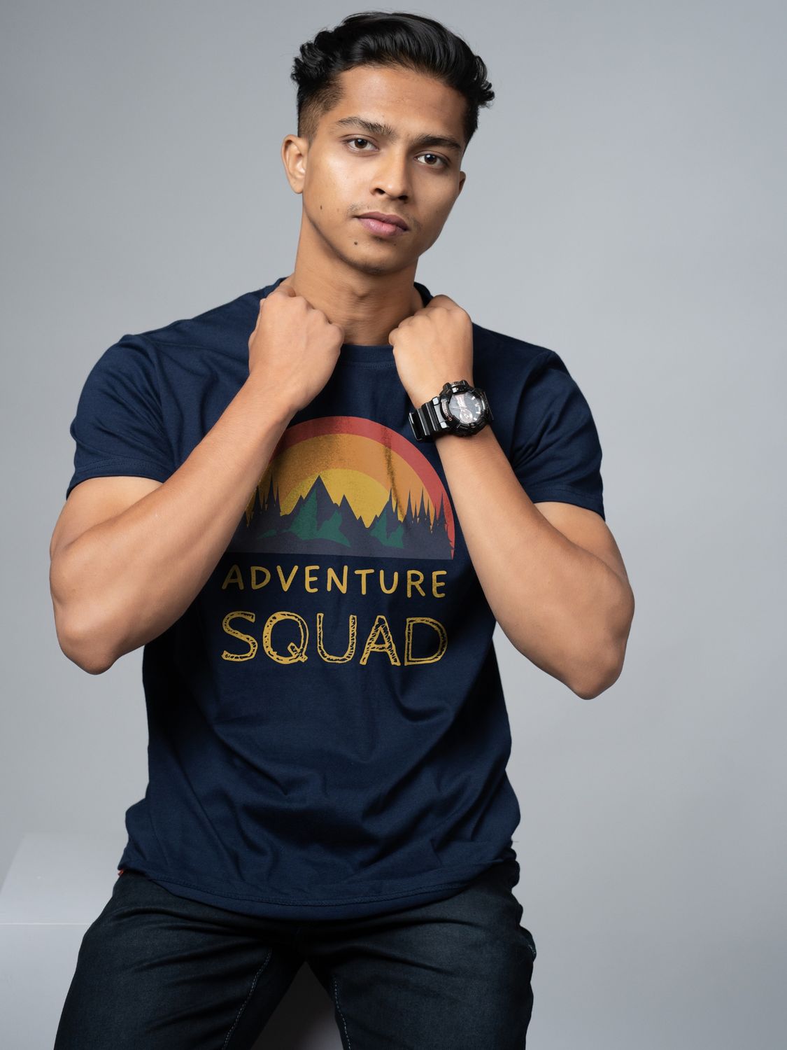 Roads to India® Cotton T-Shirt for Men – Adventure Squad Graphic Print Tee | Half Sleeve Round Neck | Unisex Regular Fit | 180 GSM | Black, Navy Blue, Olive, Red | S to 5XL