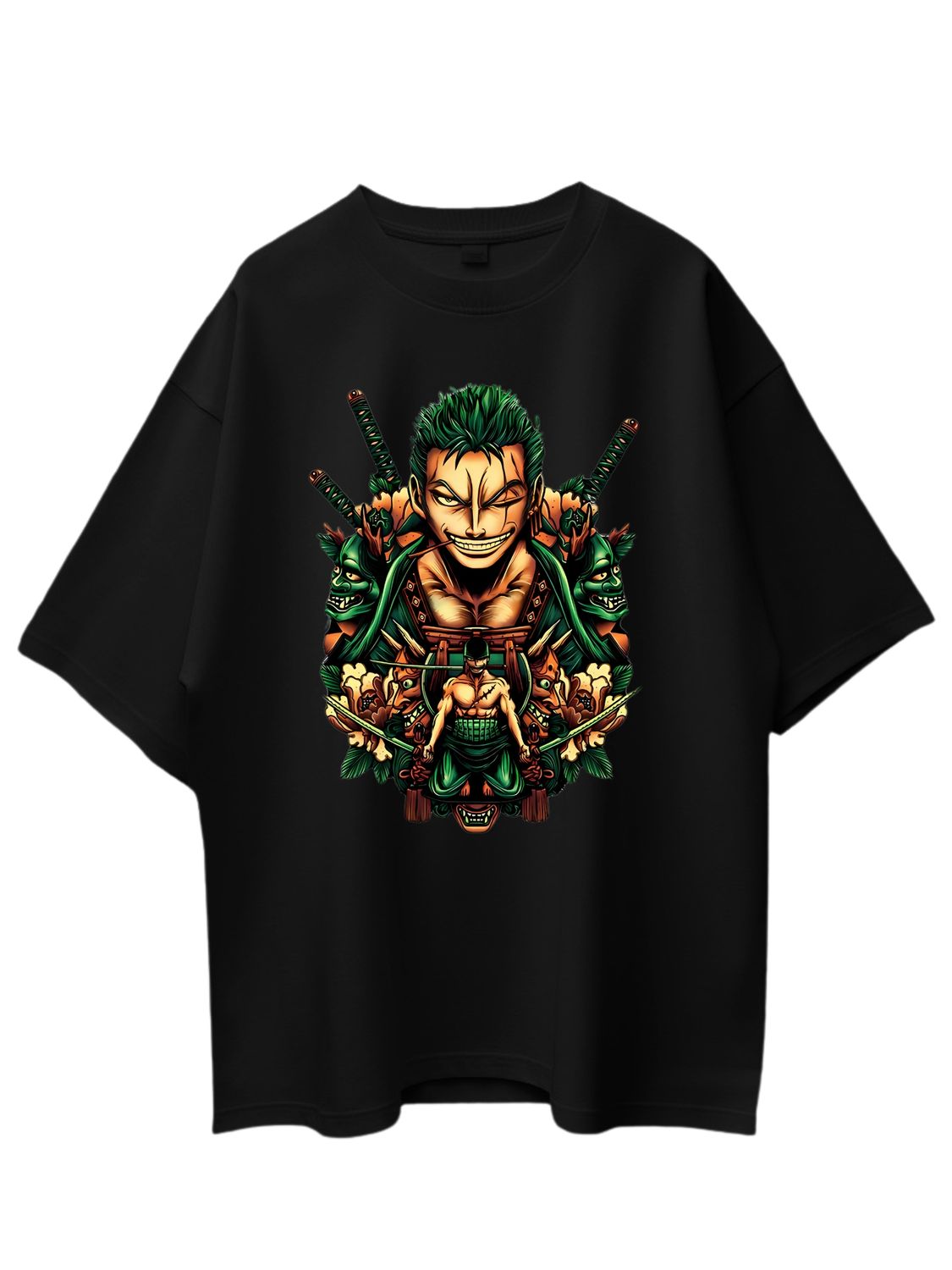 Roads to India® Men's Pure Cotton Casual T-Shirt – Roronoa Zoro Anime Tee Graphic Print | Unisex Fit (Regular & Oversized) | 180/220 GSM | Half Sleeve, Round Neck | S–5XL | Black