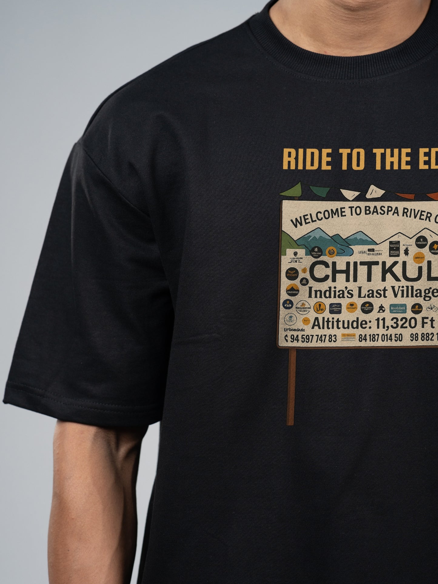 Roads to India® Pure Cotton Regular, Oversized Travel t-shirt for Men - Chitkul Ride - Unisex Round Neck Printed Casual fit Drop Shoulder 180-220 GSM | S - 5XL | Black