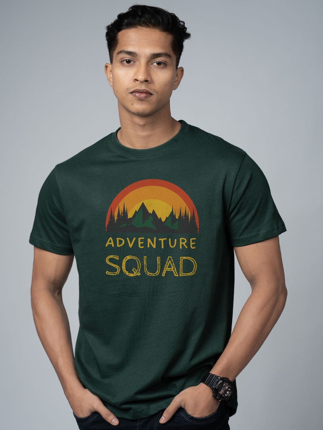 Roads to India® Cotton T-Shirt for Men – Adventure Squad Graphic Print Tee | Half Sleeve Round Neck | Unisex Regular Fit | 180 GSM | Black, Navy Blue, Olive, Red | S to 5XL