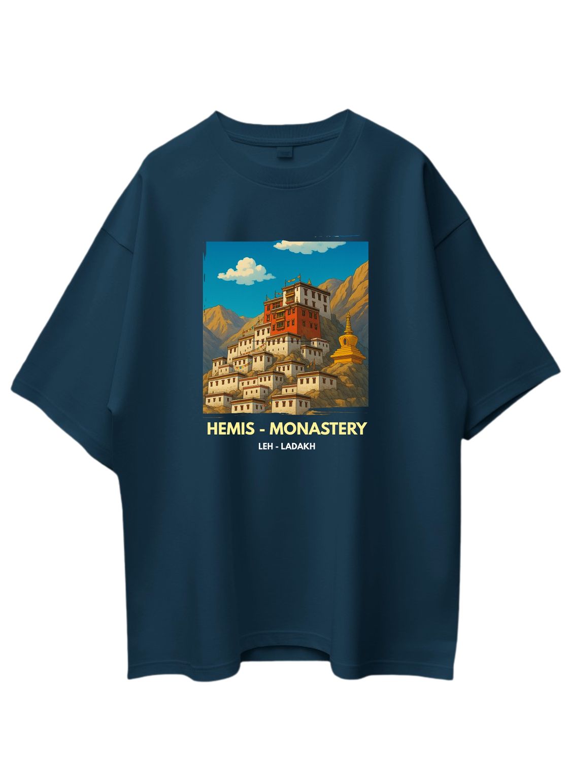 Roads to India® Men's Pure Cotton Travel T-Shirt – Hemis Monastery, Leh Graphic Tee | Drop Shoulder, Unisex Regular & Oversized | 180/220 GSM | Half Sleeve, Round Neck | Sizes S–5XL | Black, Blue