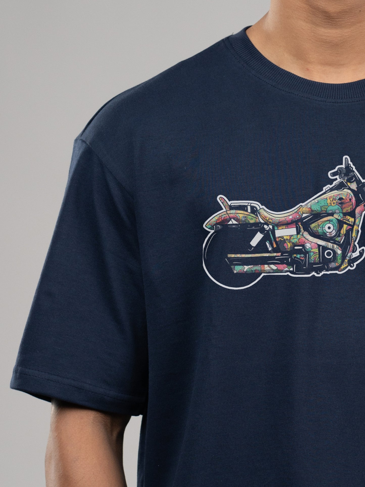 Roads to India® T-Shirt for Men – 100% Cotton Motorcycle Doodle Half Sleeve Round Neck Graphic Print Tee | Regular & Oversized Fit | 180/220 GSM | S–5XL | Navy Blue, Black