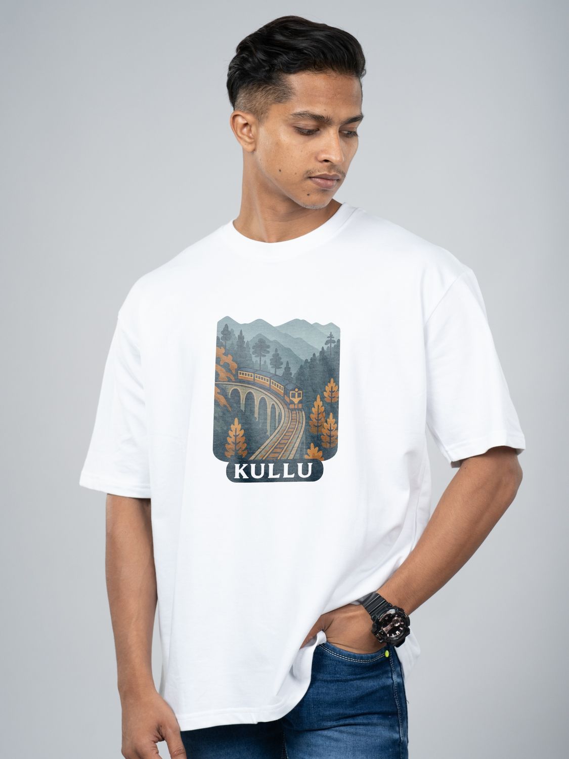 Roads to India® Pure Cotton Regular, Oversized Travel t-shirt for Men - Kullu - Unisex Round Neck Printed Casual fit Drop Shoulder 180-220 GSM | S - 5XL | White