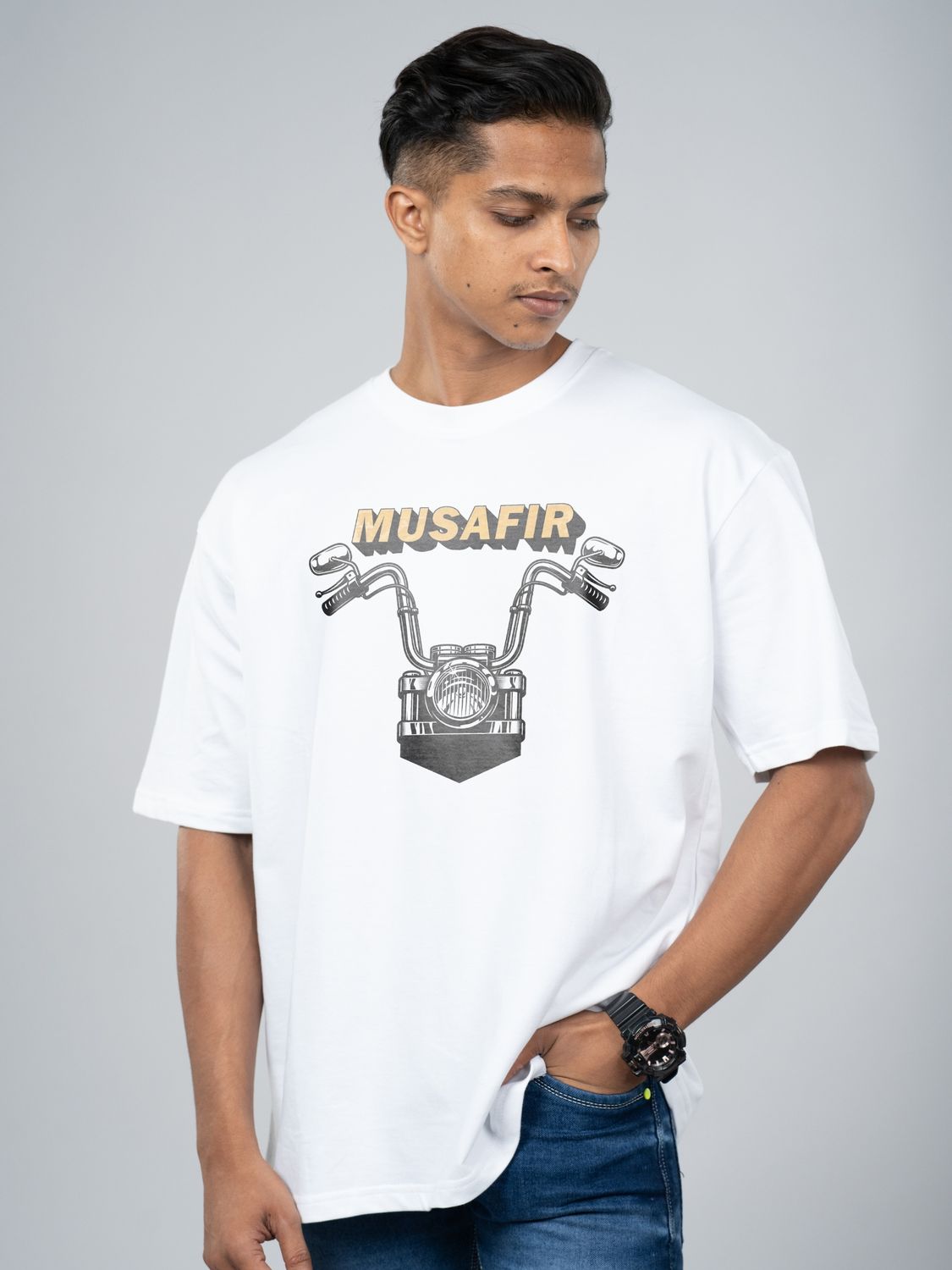 Roads to India® T-Shirt for Men – 100% Cotton Musafir Half Sleeve Round Neck Graphic Print Tee | Unisex Regular & Oversized Fit | 180/220 GSM | S–5XL | White