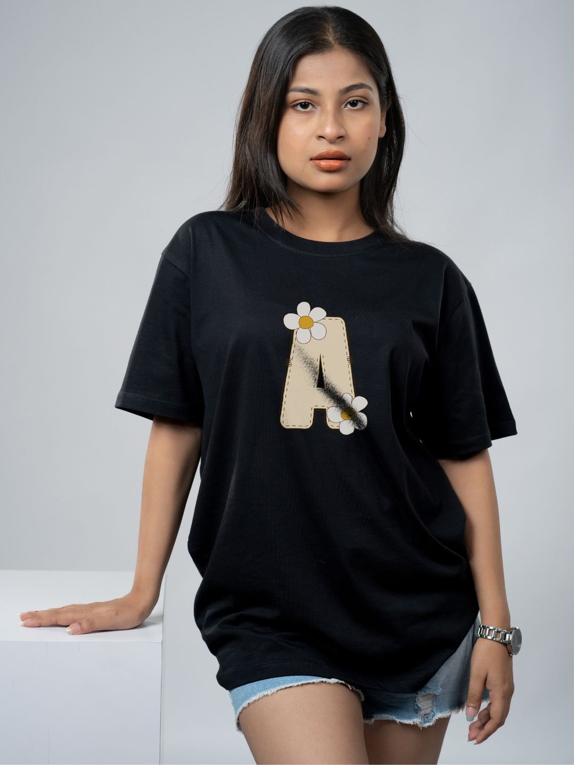 Roads to India® Women's Pure Cotton Casual T-Shirt – A-Name Art Alphabet Graphic Tee | Unisex Fit (Regular & Oversized) | 180/220 GSM | Half Sleeve, Round Neck | S–5XL | Black, Navy Blue, Red