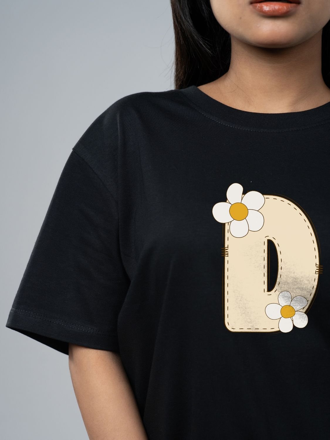 Roads to India® Women's Pure Cotton Casual T-Shirt – D-Name Art Alphabet Graphic Tee | Unisex Fit (Regular & Oversized) | 180/220 GSM | Half Sleeve, Round Neck | S–5XL | Black, Navy Blue, Red