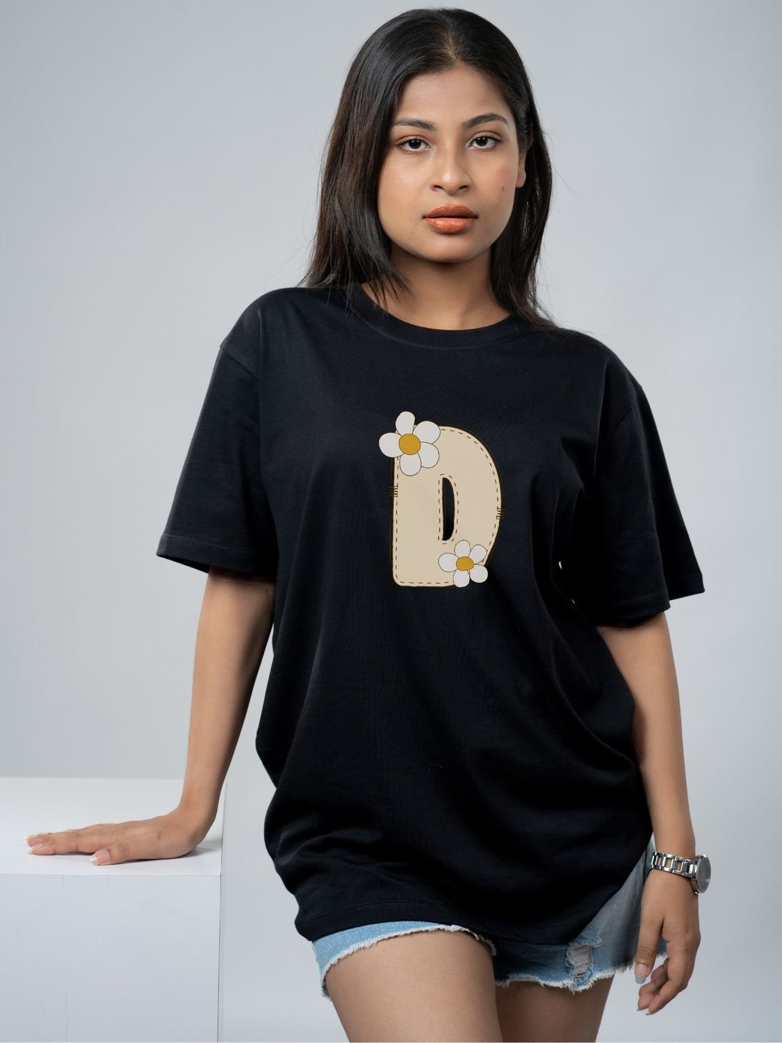 Roads to India® Women's Pure Cotton Casual T-Shirt – D-Name Art Alphabet Graphic Tee | Unisex Fit (Regular & Oversized) | 180/220 GSM | Half Sleeve, Round Neck | S–5XL | Black, Navy Blue, Red
