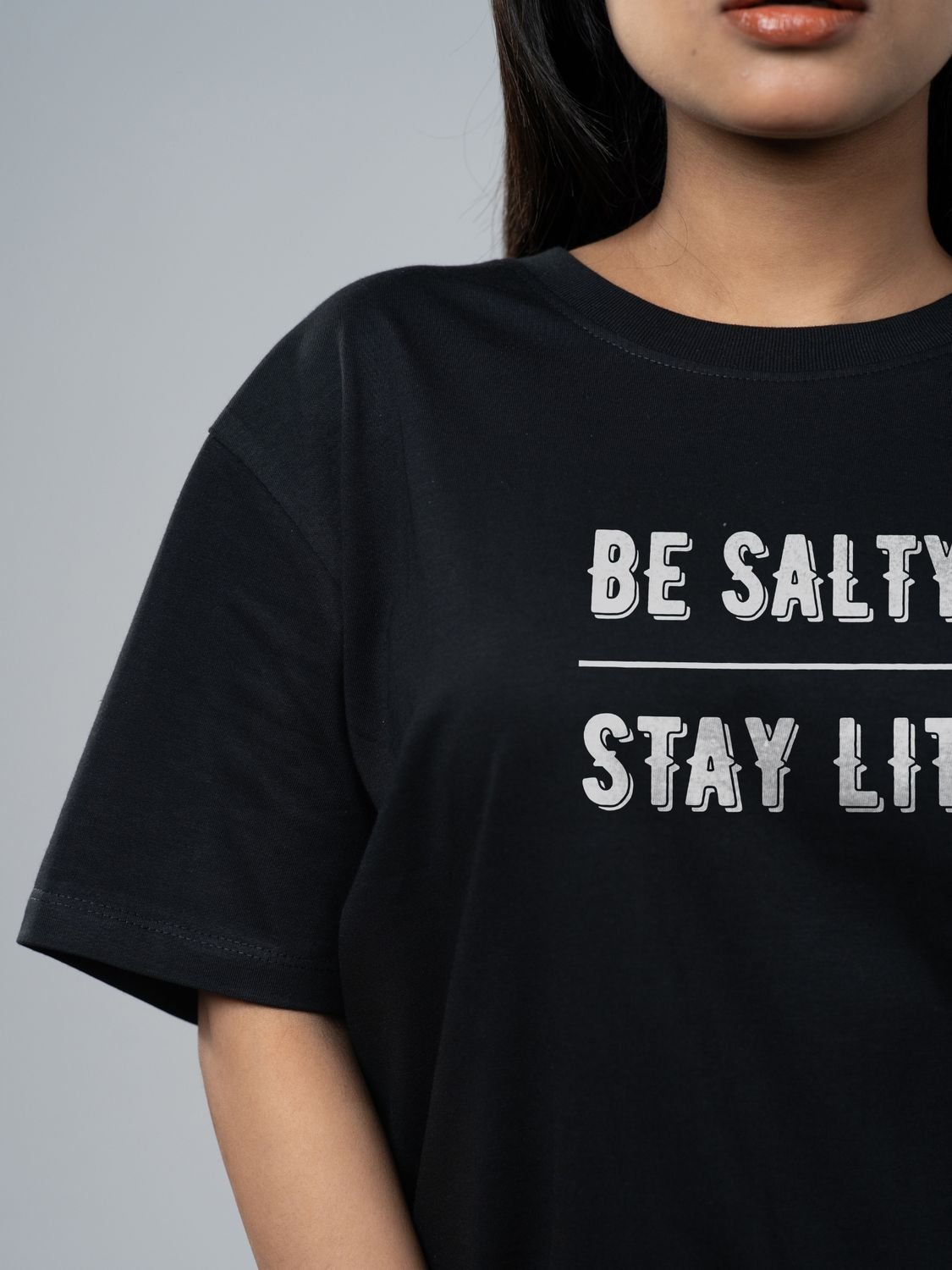 Roads to India® Women's Pure Cotton Casual T-Shirt – Be Salty, Stay Lit Graphic Tee | Unisex Fit (Regular & Oversized) | 180/220 GSM | Half Sleeve, Round Neck | S–5XL | Black, Navy Blue, White
