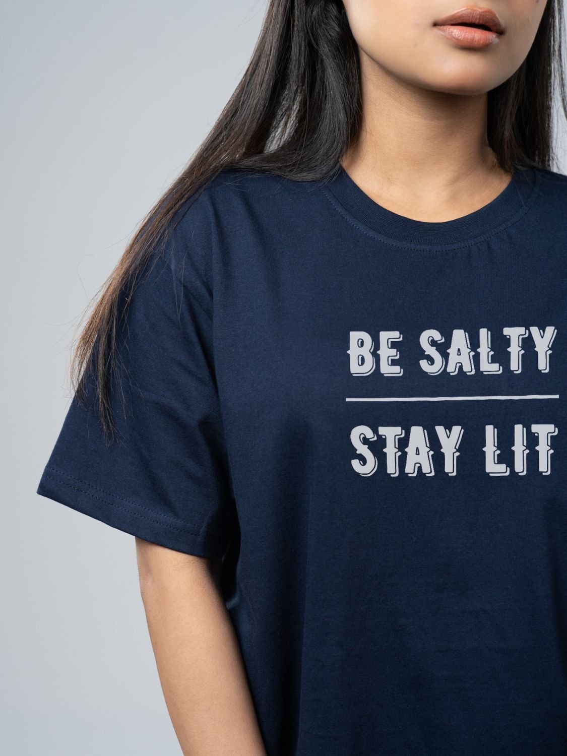Roads to India® Women's Pure Cotton Casual T-Shirt – Be Salty, Stay Lit Graphic Tee | Unisex Fit (Regular & Oversized) | 180/220 GSM | Half Sleeve, Round Neck | S–5XL | Black, Navy Blue, White