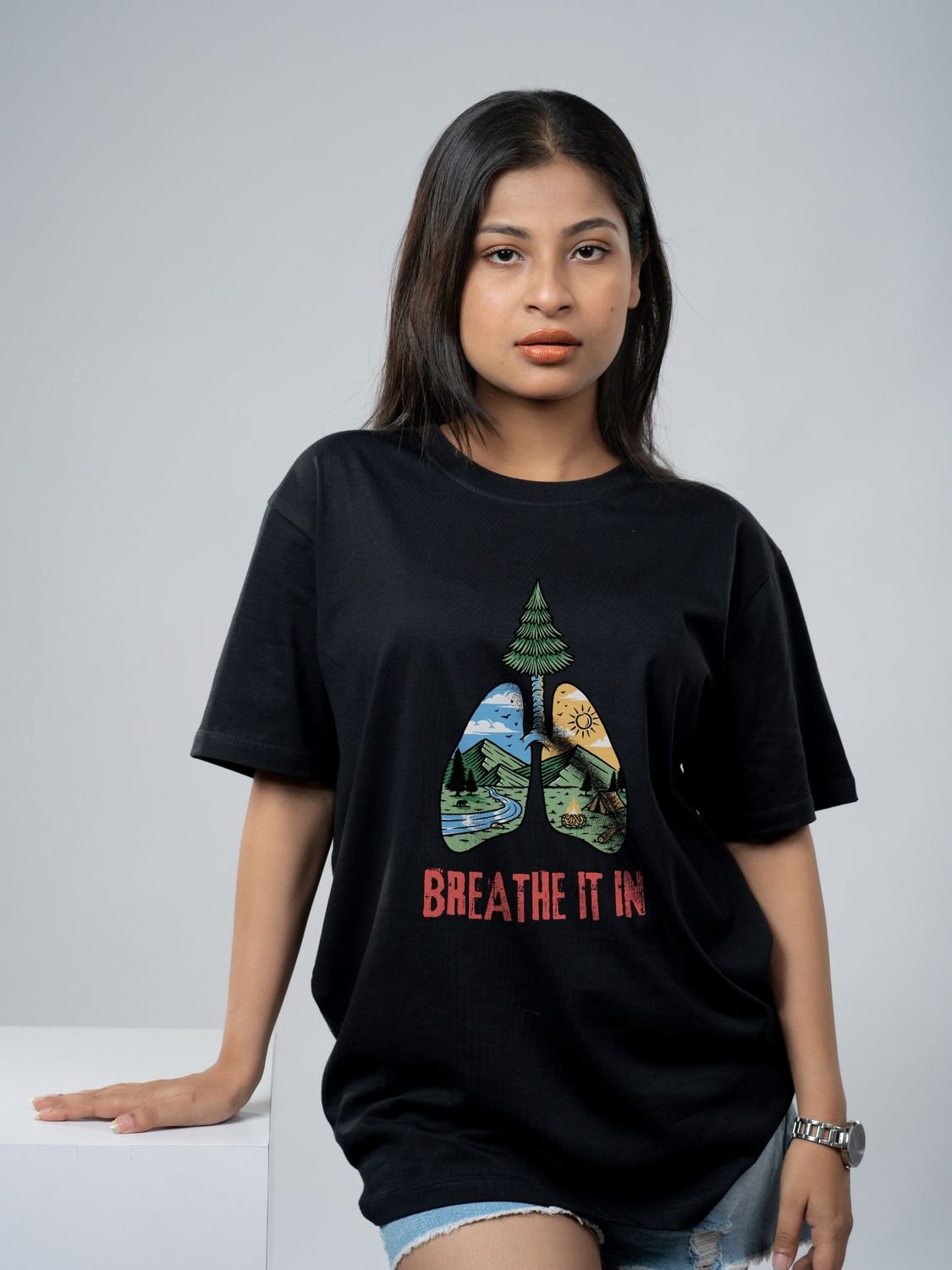 Roads to India® Cotton T-Shirt for Men – Breathe It In Graphic Print Tee | Half Sleeve Round Neck | Unisex Regular & Oversized Fit | 180/220 GSM | White, Golden Yellow | S to 5XL