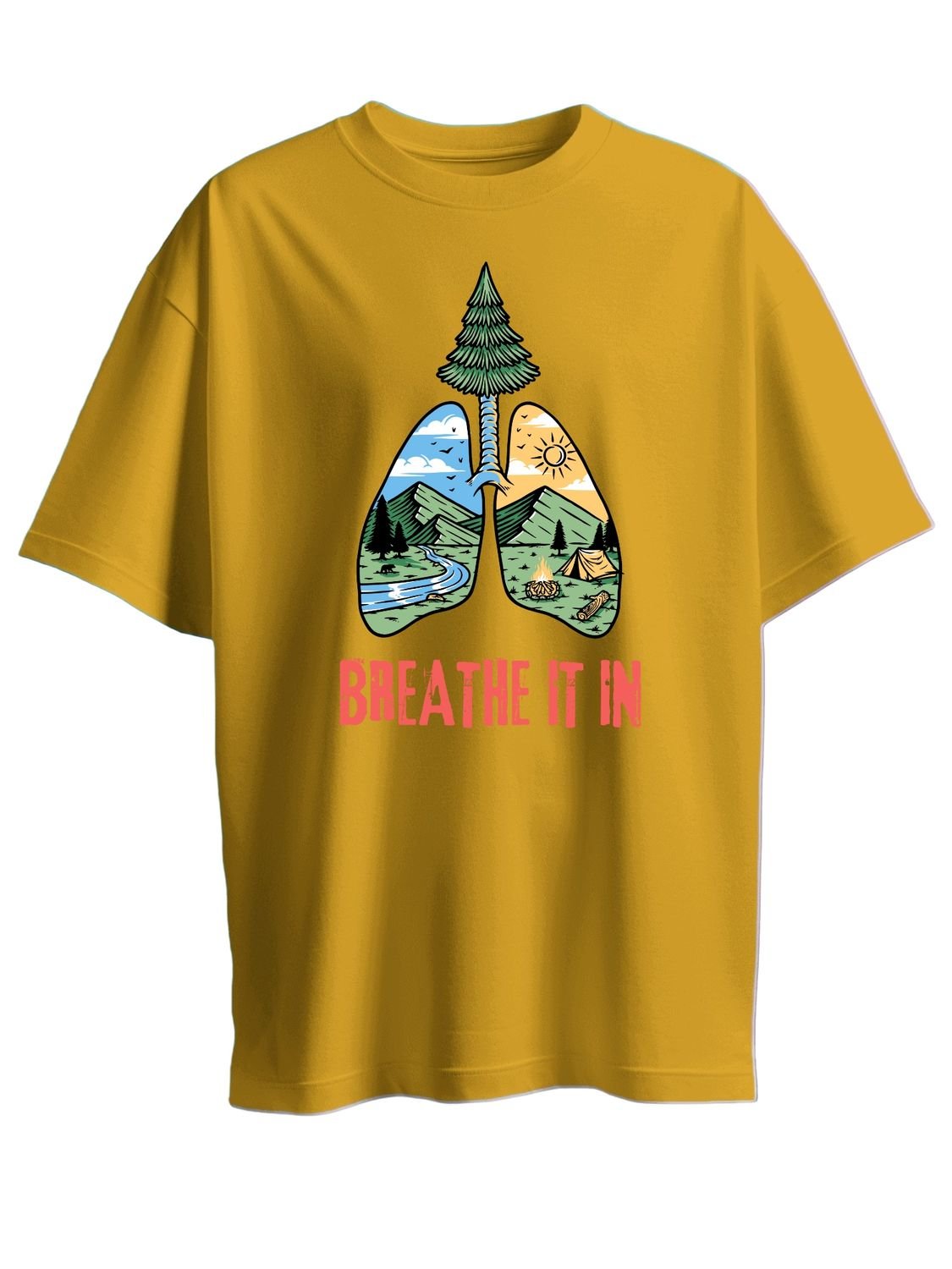 Roads to India® Cotton T-Shirt for Men – Breathe It In Graphic Print Tee | Half Sleeve Round Neck | Unisex Regular & Oversized Fit | 180/220 GSM | White, Golden Yellow | S to 5XL