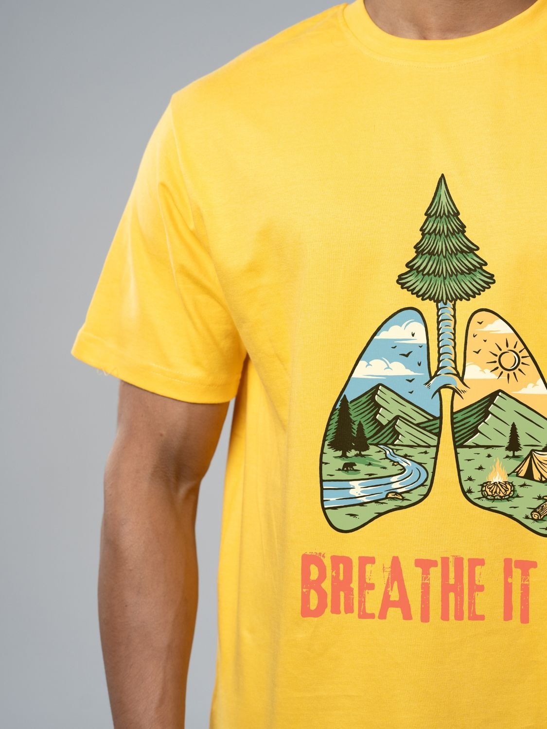 Roads to India® Cotton T-Shirt for Men – Breathe It In Graphic Print Tee | Half Sleeve Round Neck | Unisex Regular & Oversized Fit | 180/220 GSM | White, Golden Yellow | S to 5XL