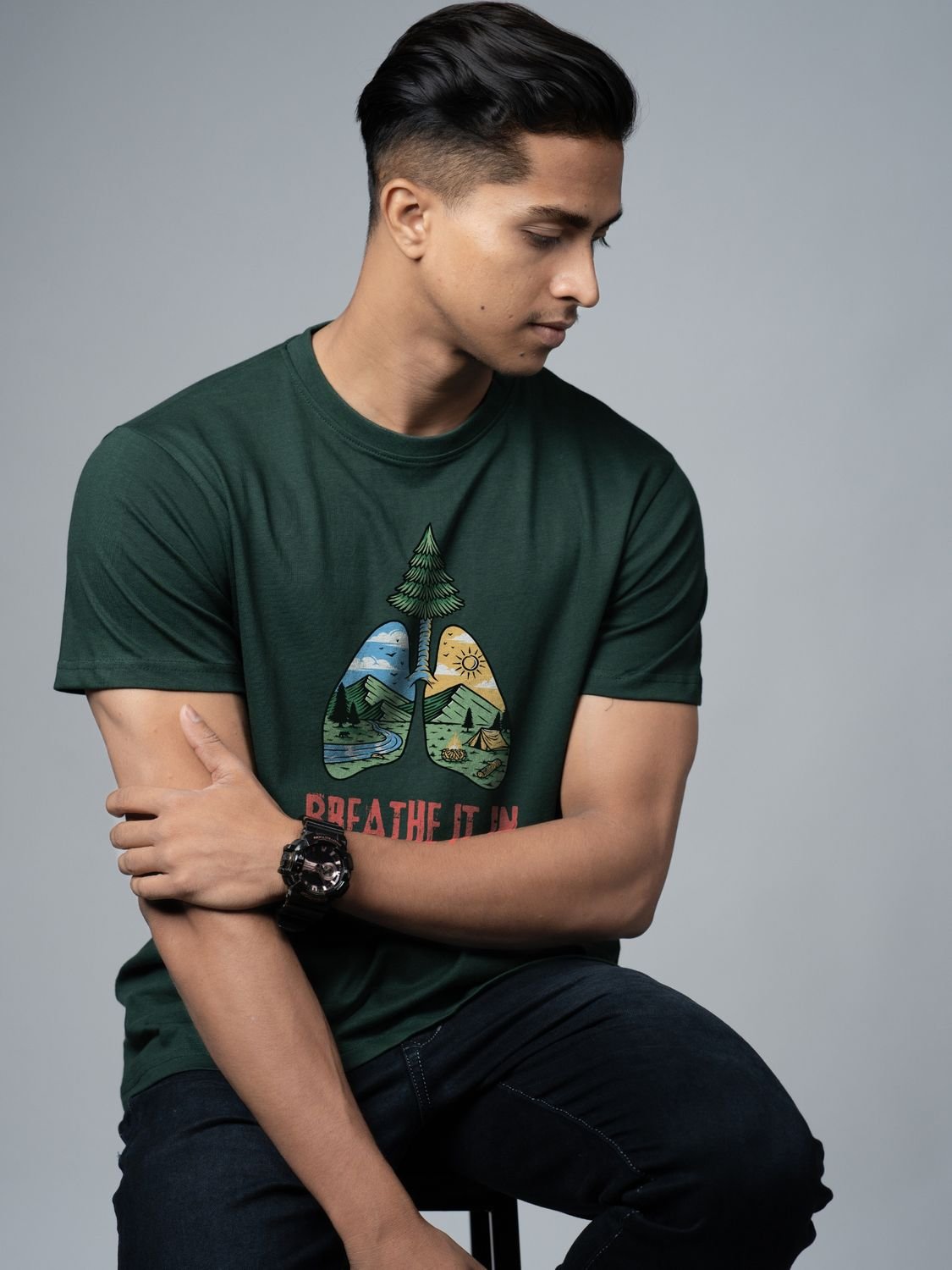 Roads to India® Cotton T-Shirt for Men – Breathe It In Graphic Print Tee | Half Sleeve Round Neck | Unisex Regular & Oversized Fit | 180/220 GSM | White, Golden Yellow | S to 5XL