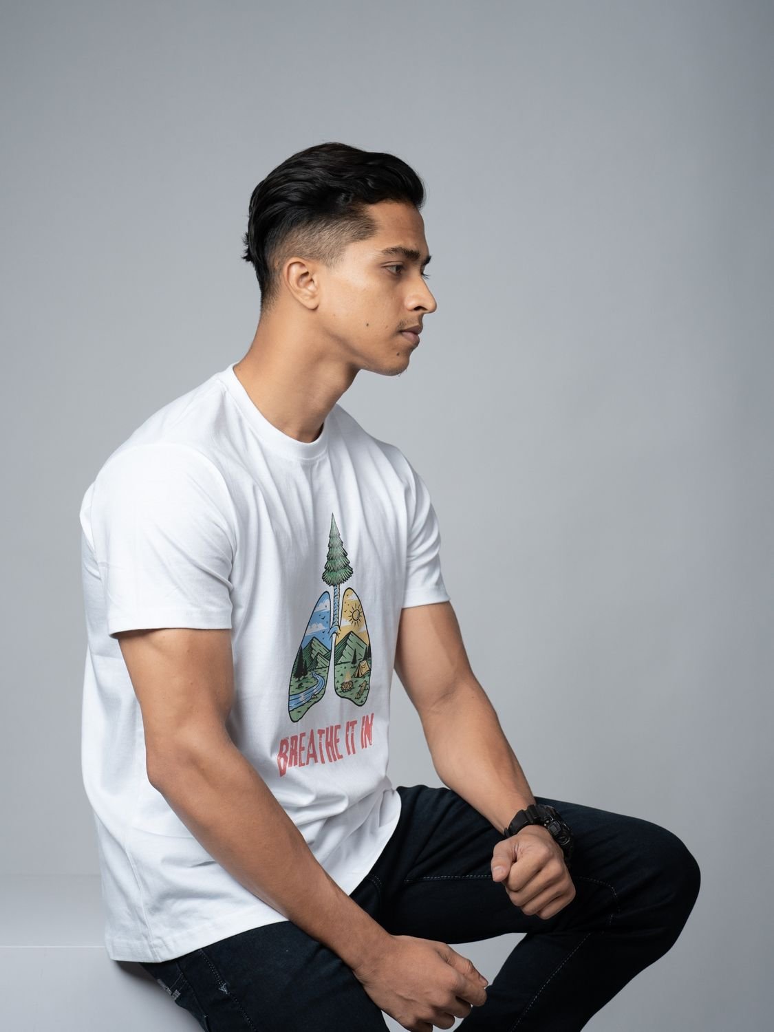 Roads to India® Cotton T-Shirt for Men – Breathe It In Graphic Print Tee | Half Sleeve Round Neck | Unisex Regular & Oversized Fit | 180/220 GSM | White, Golden Yellow | S to 5XL