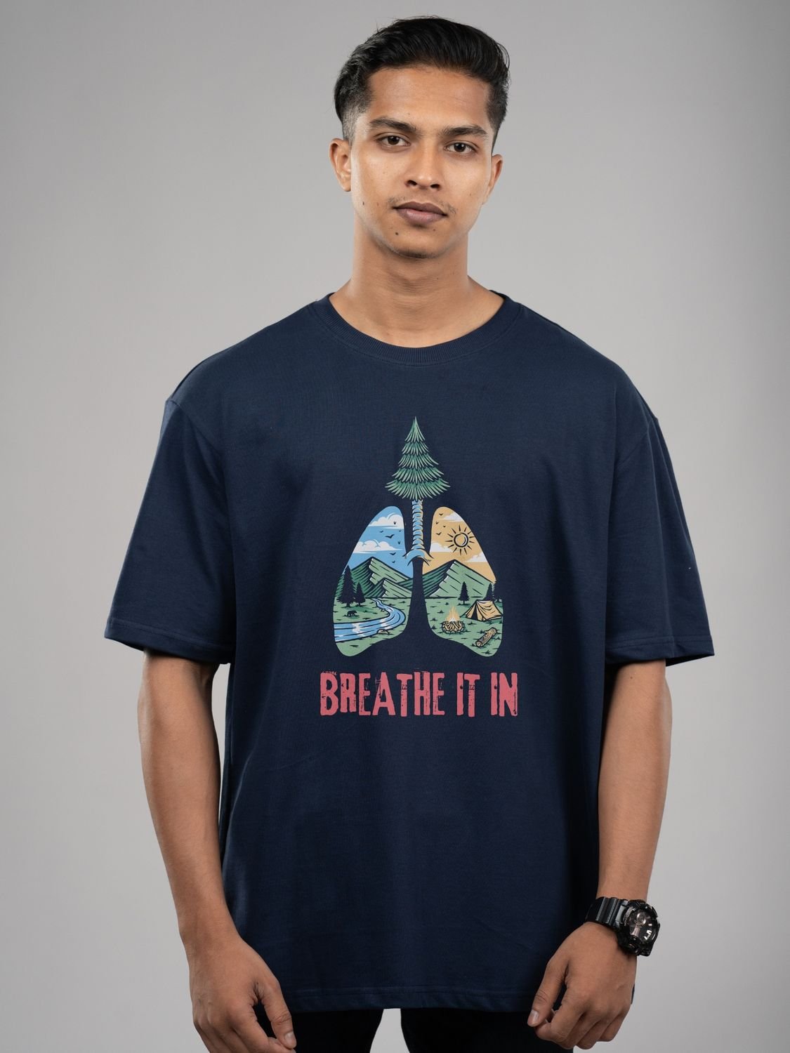 Roads to India® Cotton T-Shirt for Men – Breathe It In Graphic Print Tee | Half Sleeve Round Neck | Unisex Regular & Oversized Fit | 180/220 GSM | White, Golden Yellow | S to 5XL