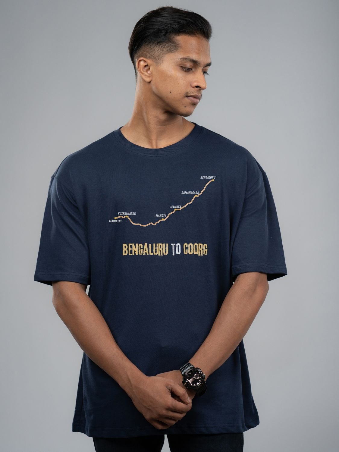 Roads to India® Men's Pure Cotton Travel T-Shirt – Bengaluru to Coorg Graphic Tee | Unisex Fit (Regular & Oversized) | 180/220 GSM | Half Sleeve, Round Neck | S–5XL | Black, Navy Blue