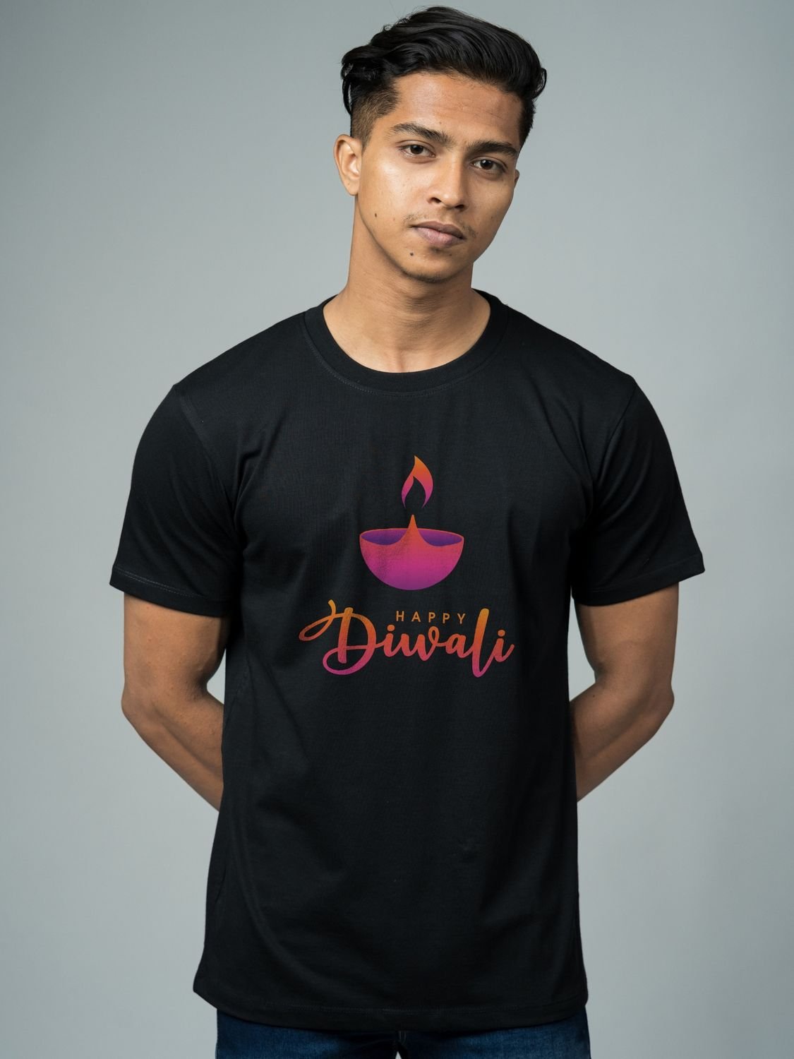 Roads to India® T-Shirt for Men – 100% Cotton Diwali Diya Half Sleeve Round Neck Graphic Print Tee | Unisex Regular & Oversized Fit | 180/220 GSM | S–5XL | Black, Navy Blue, White, Olive Green, Yellow