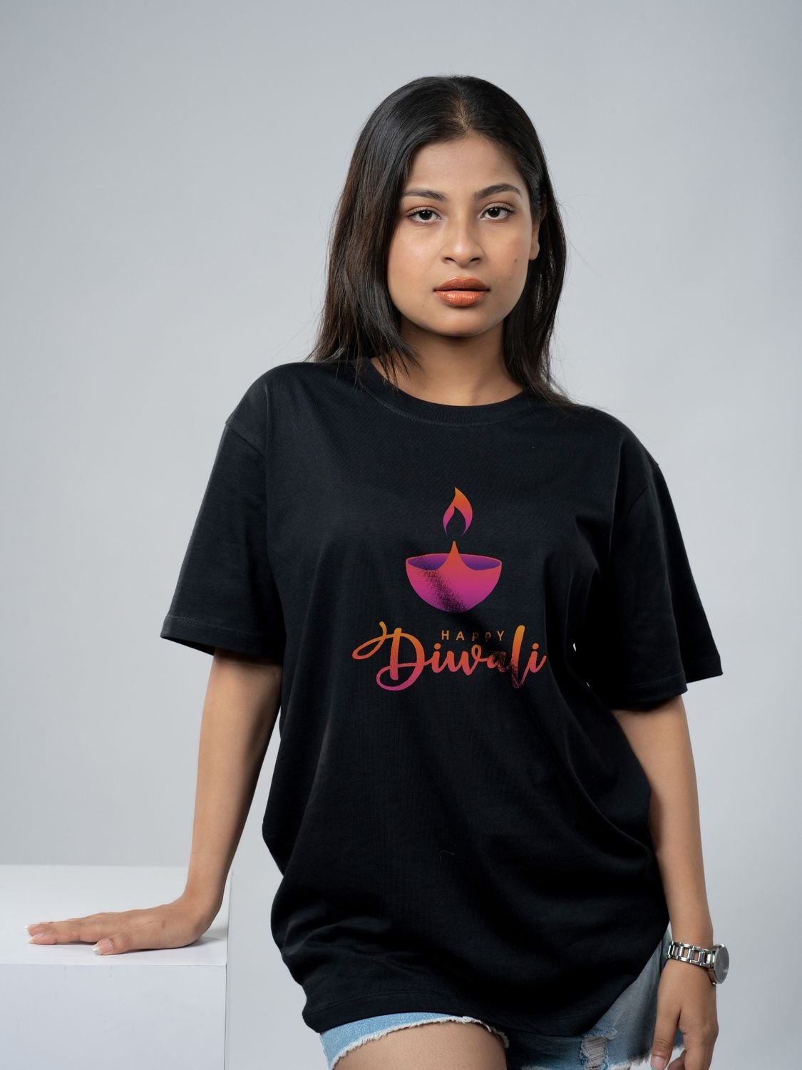 Roads to India® T-Shirt for Men – 100% Cotton Diwali Diya Half Sleeve Round Neck Graphic Print Tee | Unisex Regular & Oversized Fit | 180/220 GSM | S–5XL | Black, Navy Blue, White, Olive Green, Yellow