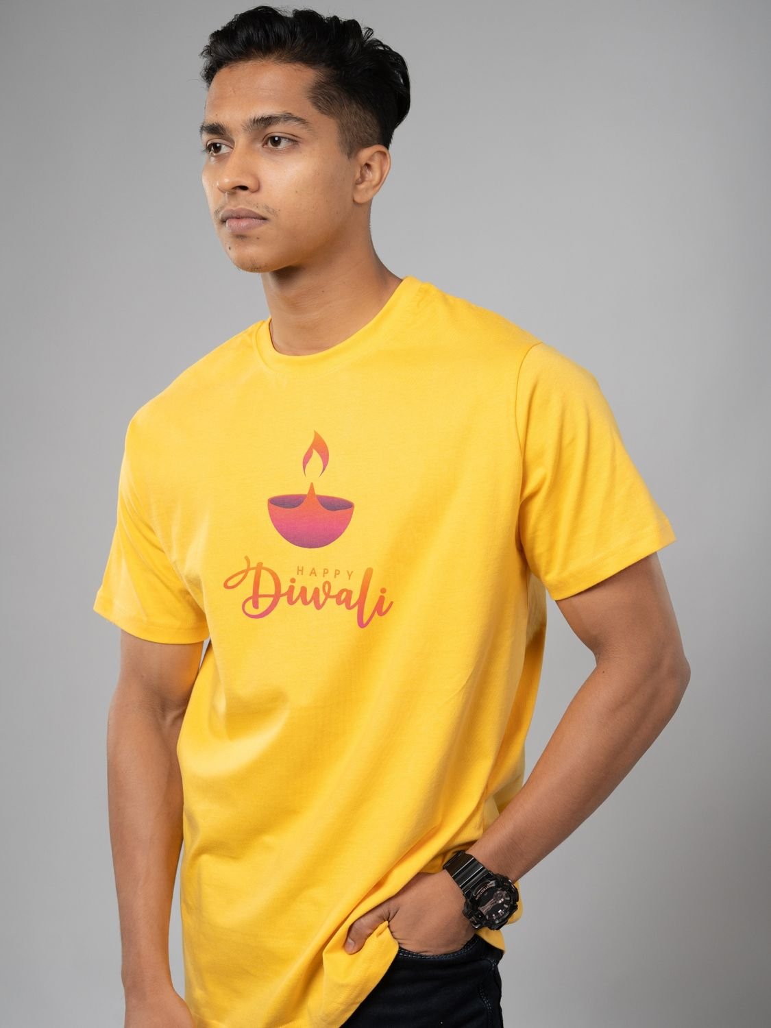 Roads to India® T-Shirt for Men – 100% Cotton Diwali Diya Half Sleeve Round Neck Graphic Print Tee | Unisex Regular & Oversized Fit | 180/220 GSM | S–5XL | Black, Navy Blue, White, Olive Green, Yellow