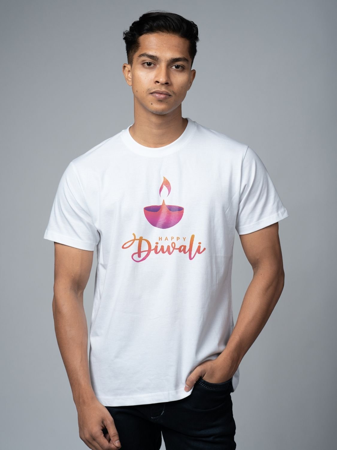 Roads to India® T-Shirt for Men – 100% Cotton Diwali Diya Half Sleeve Round Neck Graphic Print Tee | Unisex Regular & Oversized Fit | 180/220 GSM | S–5XL | Black, Navy Blue, White, Olive Green, Yellow