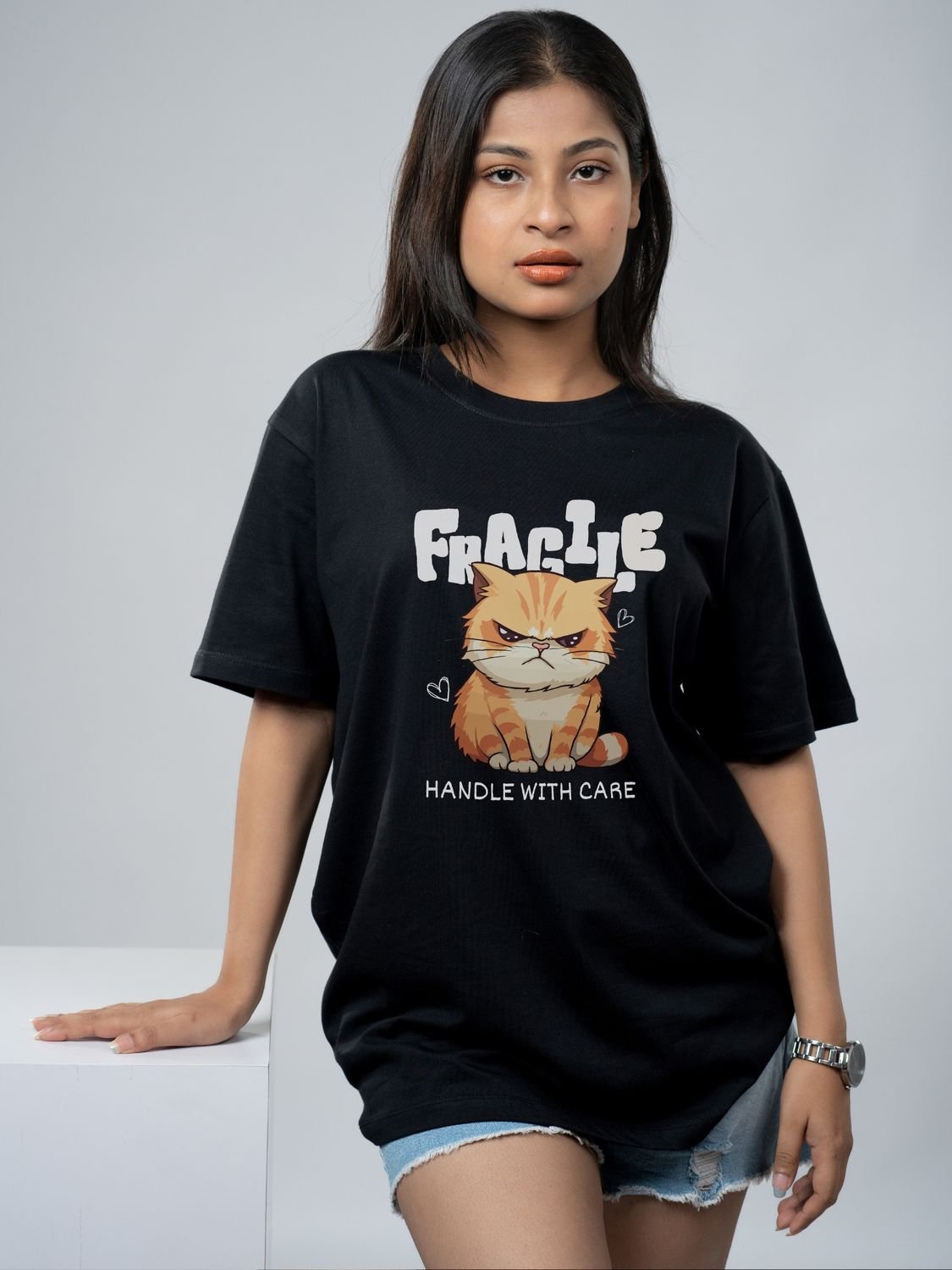 Roads to India® Women's Pure Cotton Casual T-Shirt – Fragile - Handle With Care Graphic Tee | Unisex Fit (Regular & Oversized) | 180/220 GSM | Half Sleeve, Round Neck | S–5XL | Black, Navy Blue, Red, Yellow