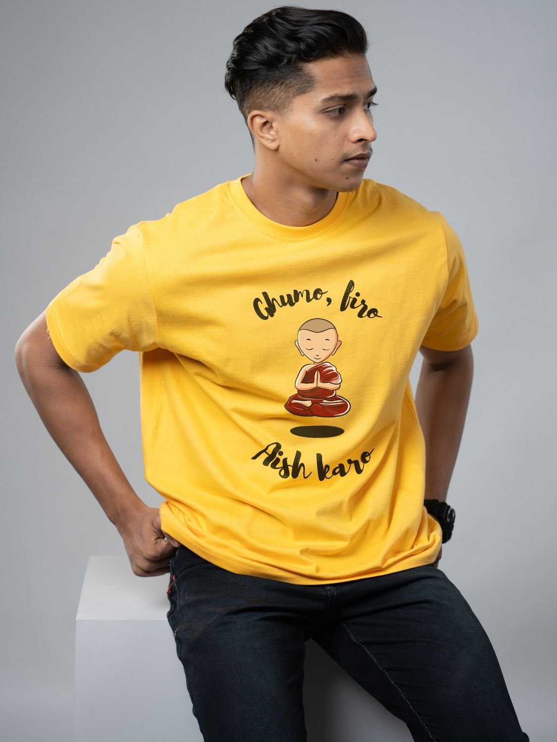 Roads to India® Cotton T-Shirt for Men – Ghumo Firo Graphic Print Tee | Half Sleeve Round Neck | Unisex Regular & Oversized Fit | 180/220 GSM | White, Golden Yellow | S to 5XL