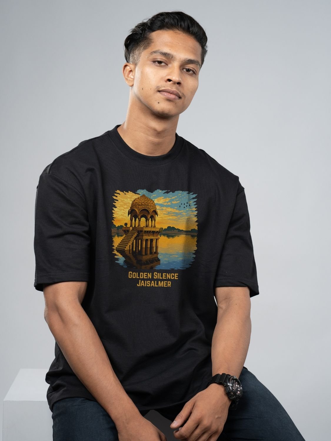 Roads to India® Pure Cotton Regular, Oversized Travel t-shirt for Men - Jaisalmer Rajasthan - Unisex Round Neck Printed Casual fit Drop Shoulder 180-220 GSM | S - 5XL | Black