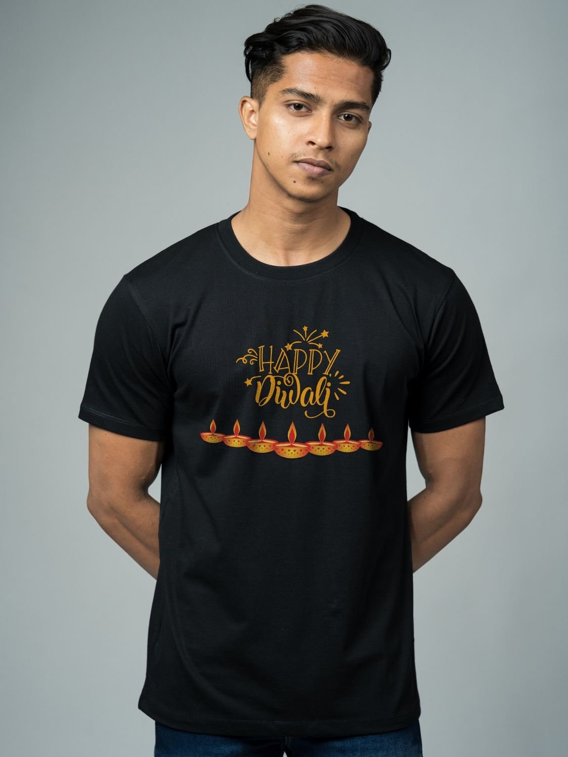 Roads to India® T-Shirt for Men – 100% Cotton Happy Diwali Half Sleeve Round Neck Graphic Print Tee | Unisex Regular & Oversized Fit | 180/220 GSM | S–5XL | Black, Navy Blue, Olive