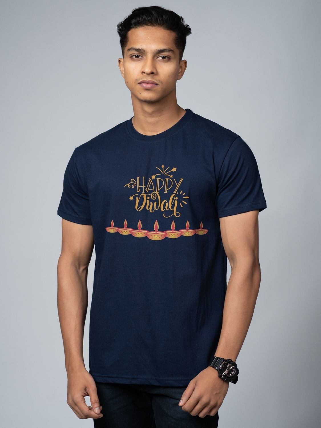 Roads to India® T-Shirt for Men – 100% Cotton Happy Diwali Half Sleeve Round Neck Graphic Print Tee | Unisex Regular & Oversized Fit | 180/220 GSM | S–5XL | Black, Navy Blue, Olive
