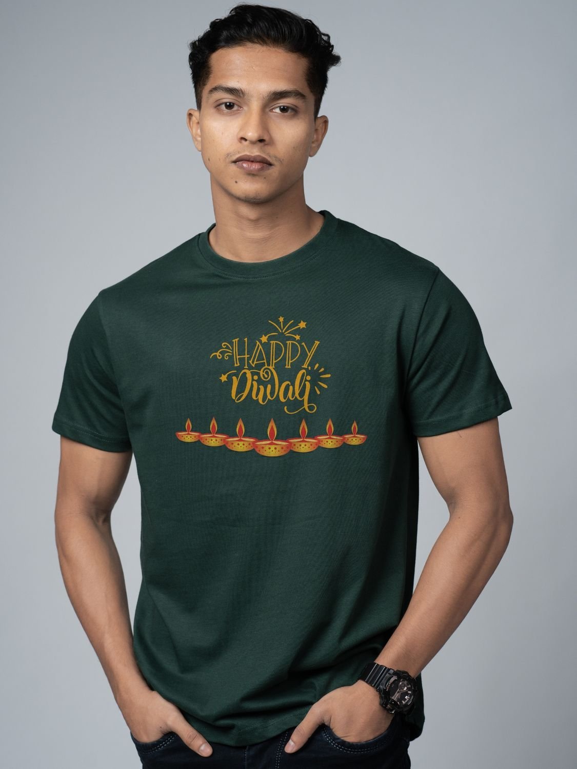 Roads to India® T-Shirt for Men – 100% Cotton Happy Diwali Half Sleeve Round Neck Graphic Print Tee | Unisex Regular & Oversized Fit | 180/220 GSM | S–5XL | Black, Navy Blue, Olive
