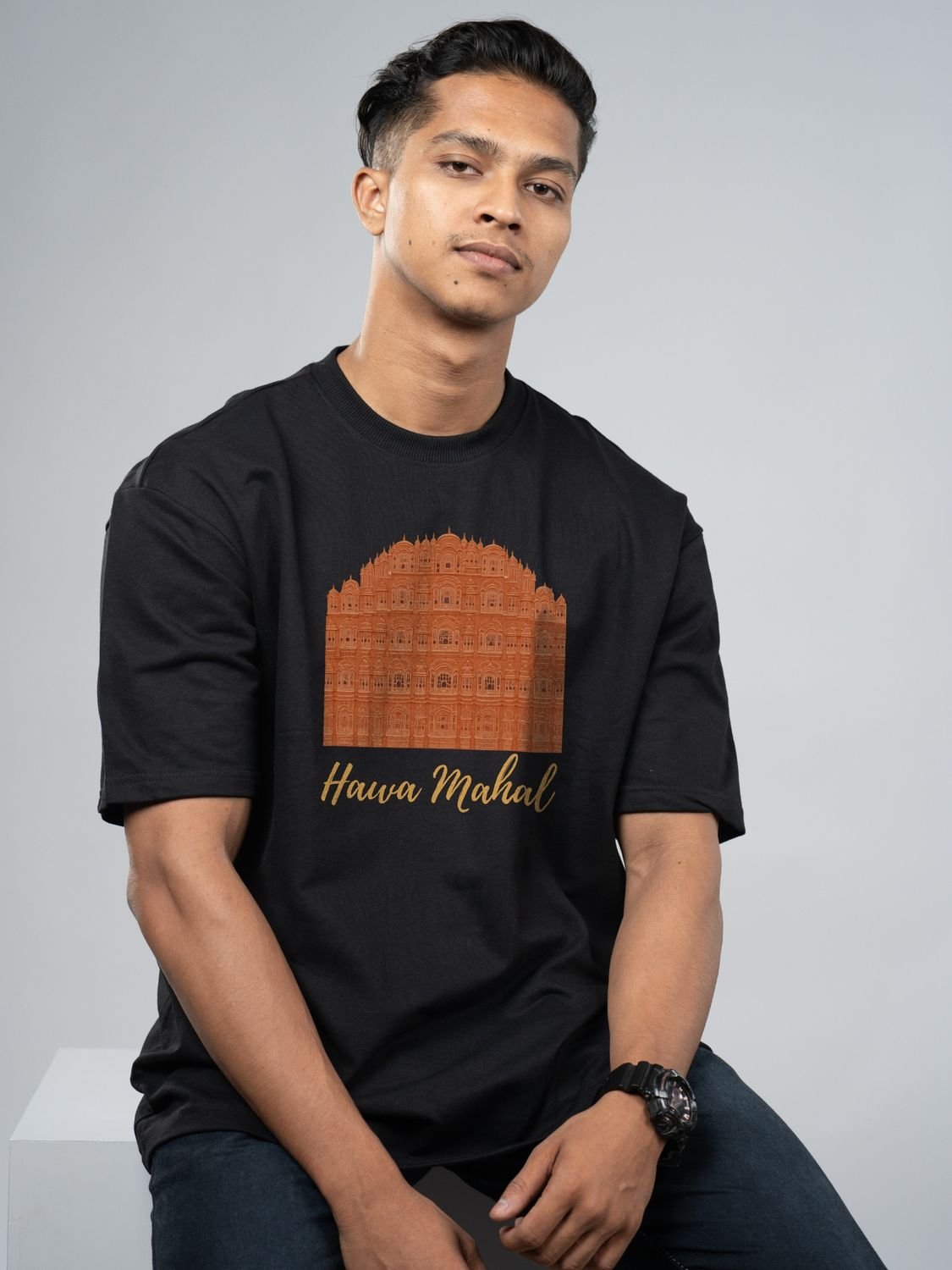 Roads to India® Pure Cotton Regular, Oversized Travel t-shirt for Men - Hawa Mahal Rajasthan - Unisex Round Neck Printed Casual fit Drop Shoulder 180-220 GSM | S - 5XL | Black
