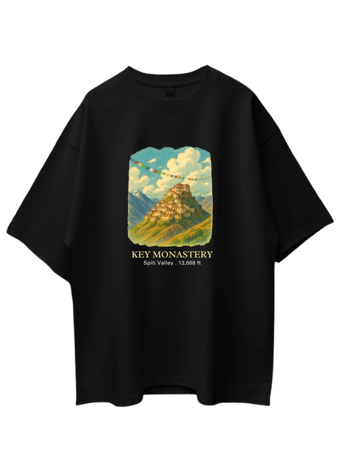 Roads to India® Pure Cotton Regular, Oversized Travel t-shirt for Men - Key Monastery Spiti Valley - Unisex Round Neck Printed Casual fit Drop Shoulder 180-220 GSM | S - 5XL | Black, Blue
