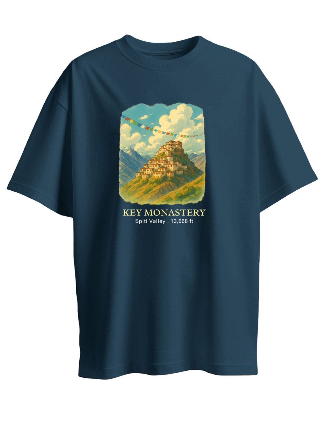 Roads to India® Pure Cotton Regular, Oversized Travel t-shirt for Men - Key Monastery Spiti Valley - Unisex Round Neck Printed Casual fit Drop Shoulder 180-220 GSM | S - 5XL | Black, Blue