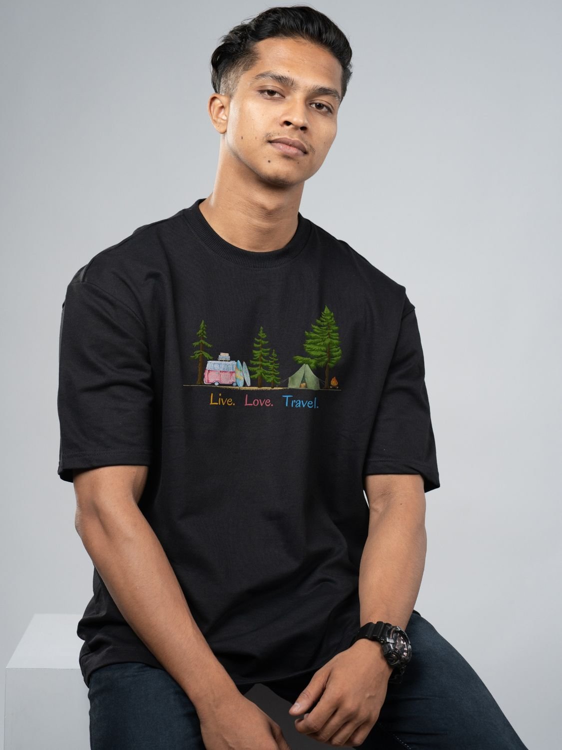 Roads to India® Cotton T-Shirt for Men – Live Life Travel Graphic Print Tee | Half Sleeve Round Neck | Unisex Regular & Oversized Fit | 180/220 GSM | Black, Grey, White | S to 5XL