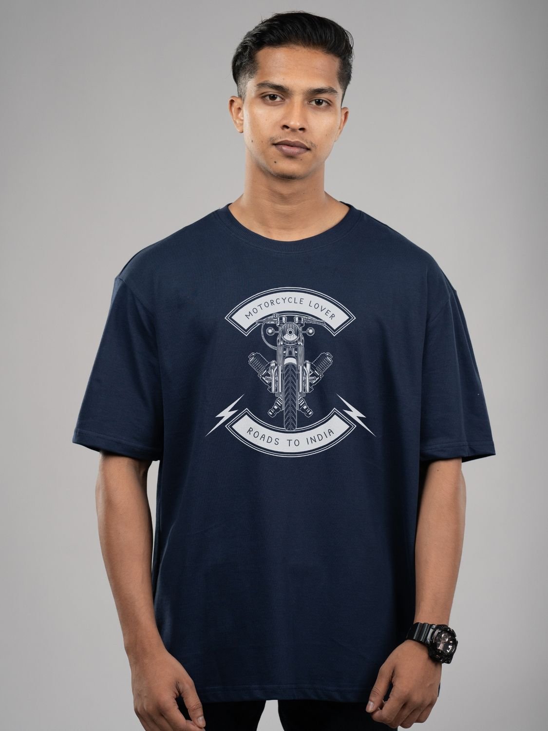 Roads to India® T-Shirt for Men – 100% Cotton Motorcycle Lover Half Sleeve Round Neck Graphic Print Tee | Regular & Oversized Fit | 180/220 GSM | S–5XL | Navy Blue, Red, Olive Green, Black