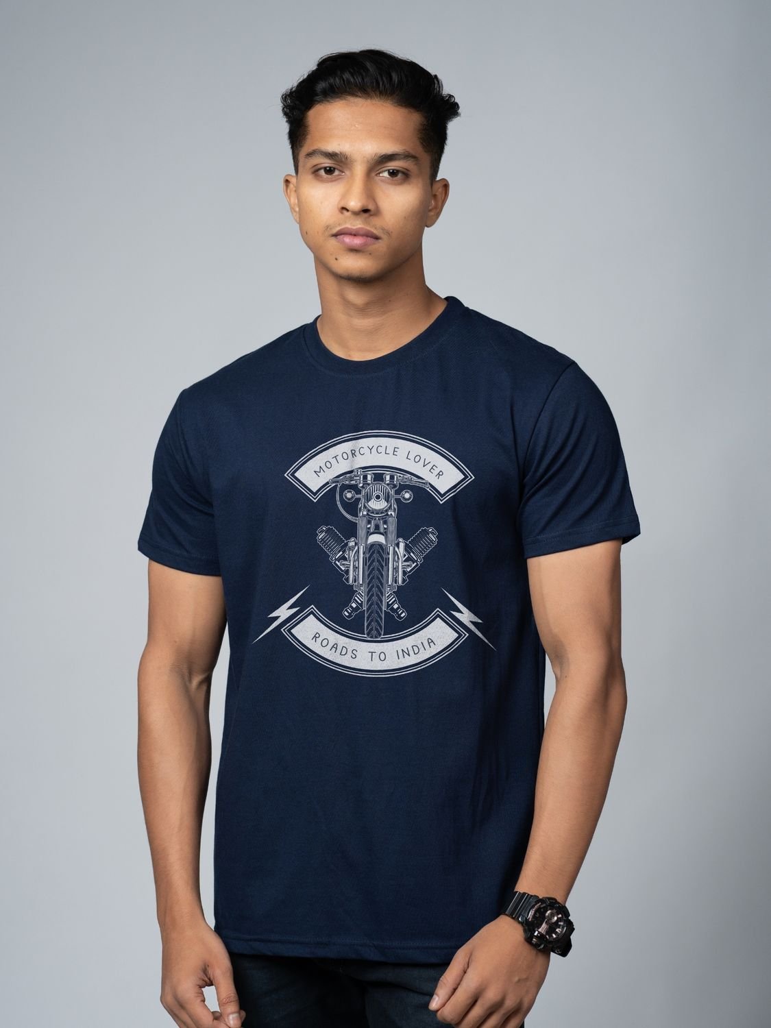 Roads to India® T-Shirt for Men – 100% Cotton Motorcycle Lover Half Sleeve Round Neck Graphic Print Tee | Regular & Oversized Fit | 180/220 GSM | S–5XL | Navy Blue, Red, Olive Green, Black