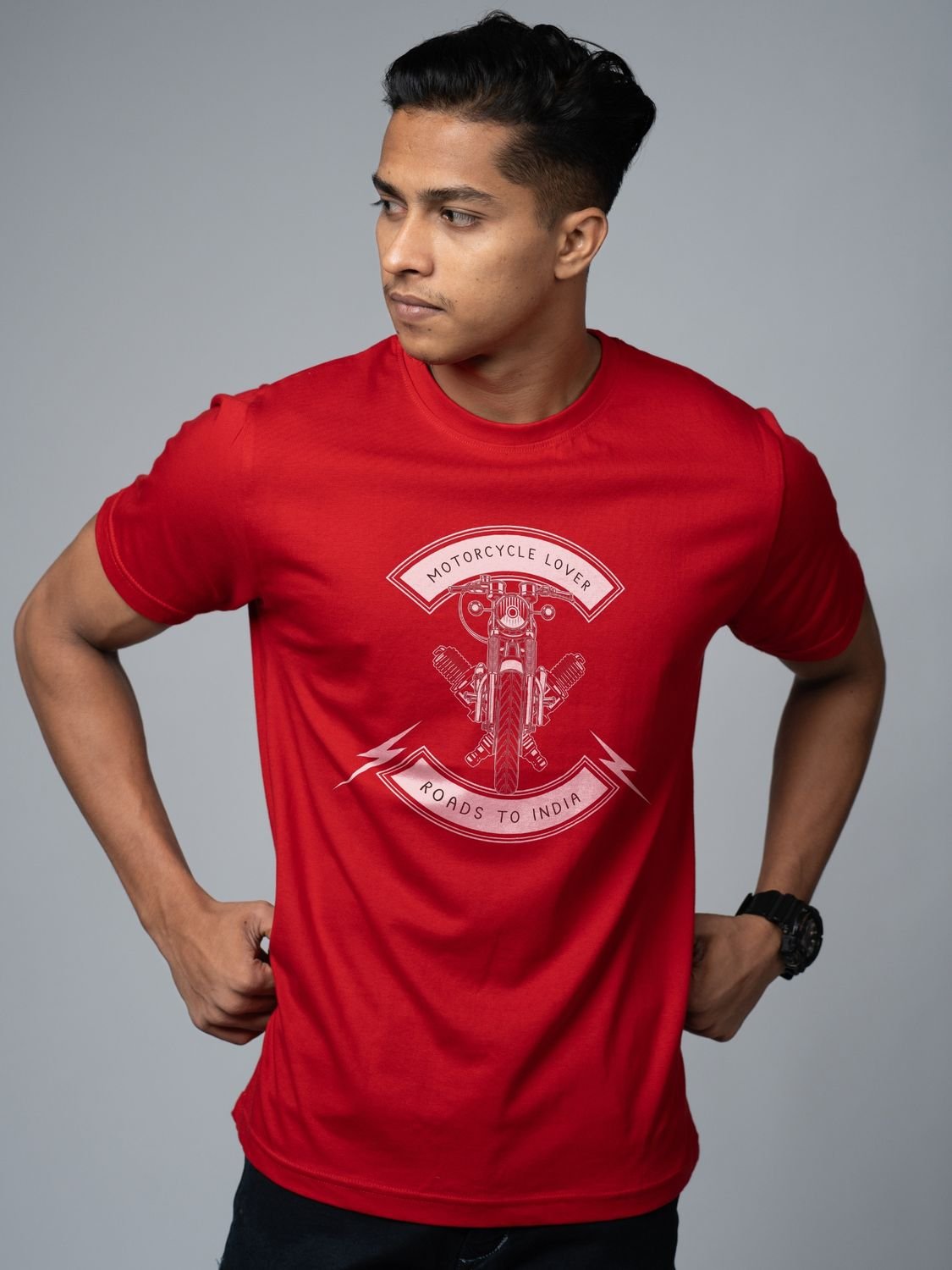 Roads to India® T-Shirt for Men – 100% Cotton Motorcycle Lover Half Sleeve Round Neck Graphic Print Tee | Regular & Oversized Fit | 180/220 GSM | S–5XL | Navy Blue, Red, Olive Green, Black