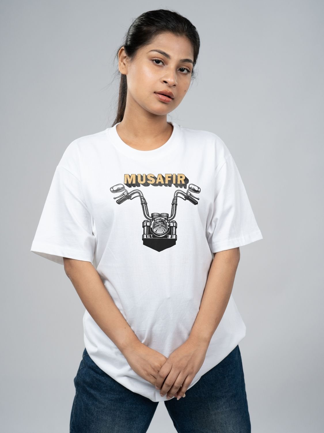 Roads to India® T-Shirt for Men – 100% Cotton Musafir Half Sleeve Round Neck Graphic Print Tee | Unisex Regular & Oversized Fit | 180/220 GSM | S–5XL | White