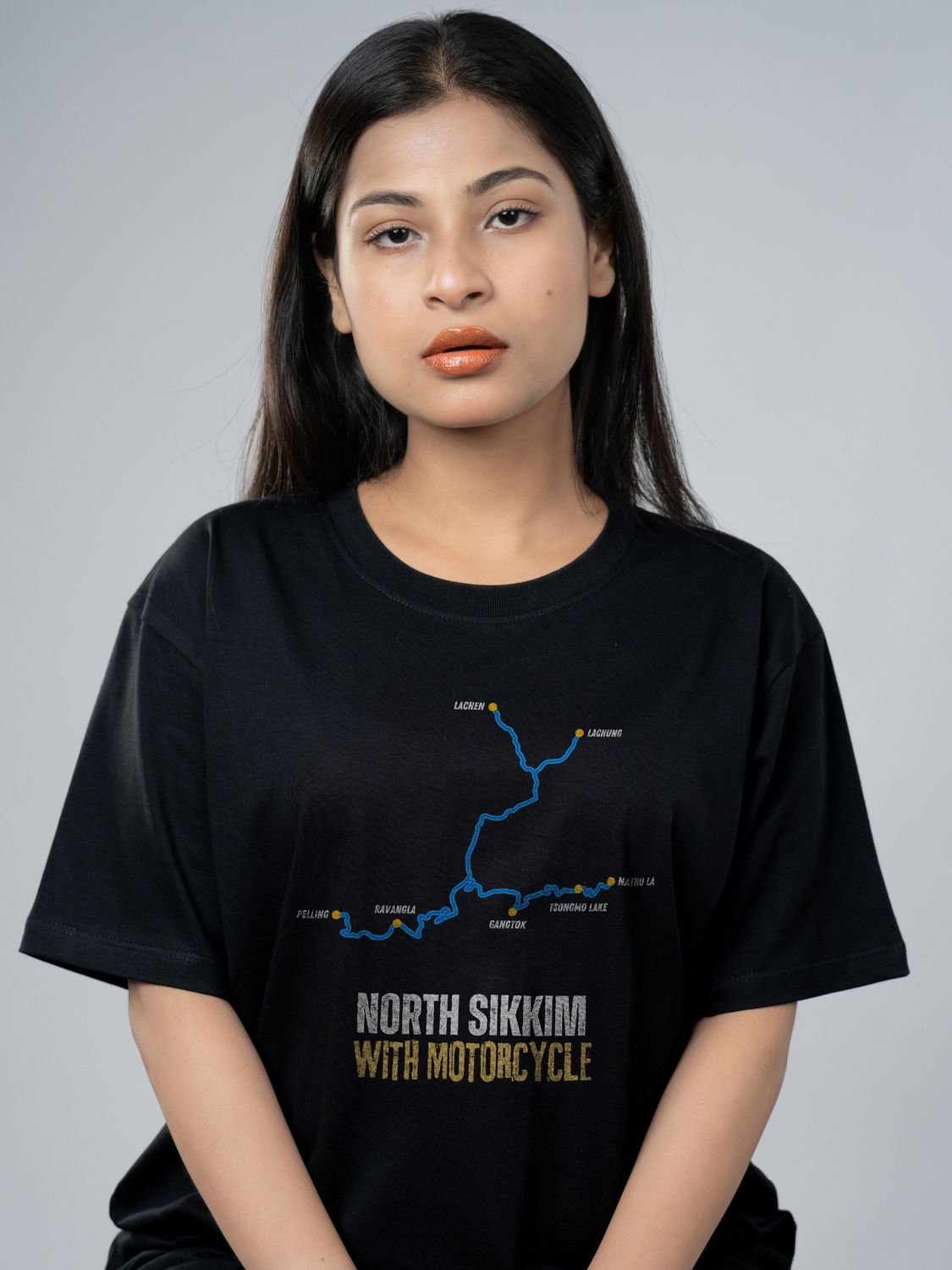 Roads to India® Men's Cotton Motorcycle T-Shirt – North Sikkim with Motorcycle Graphic Tee | Unisex Fit (Regular & Oversized) | 180/220 GSM | Half Sleeve, Round Neck | S–5XL | Black, Navy Blue