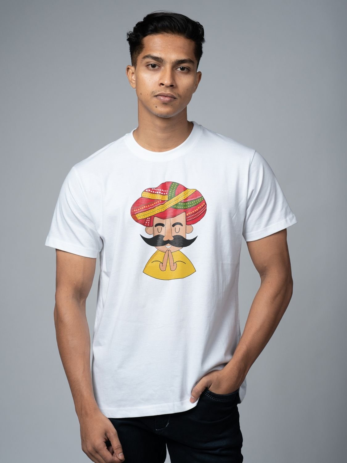 Roads to India® T-Shirt for Men – 100% Cotton Welcome to Rajasthan Unisex Half Sleeve Round Neck Graphic Print Tee | Regular & Oversized Fit | 180/220 GSM | S–5XL | White, Golden Yellow