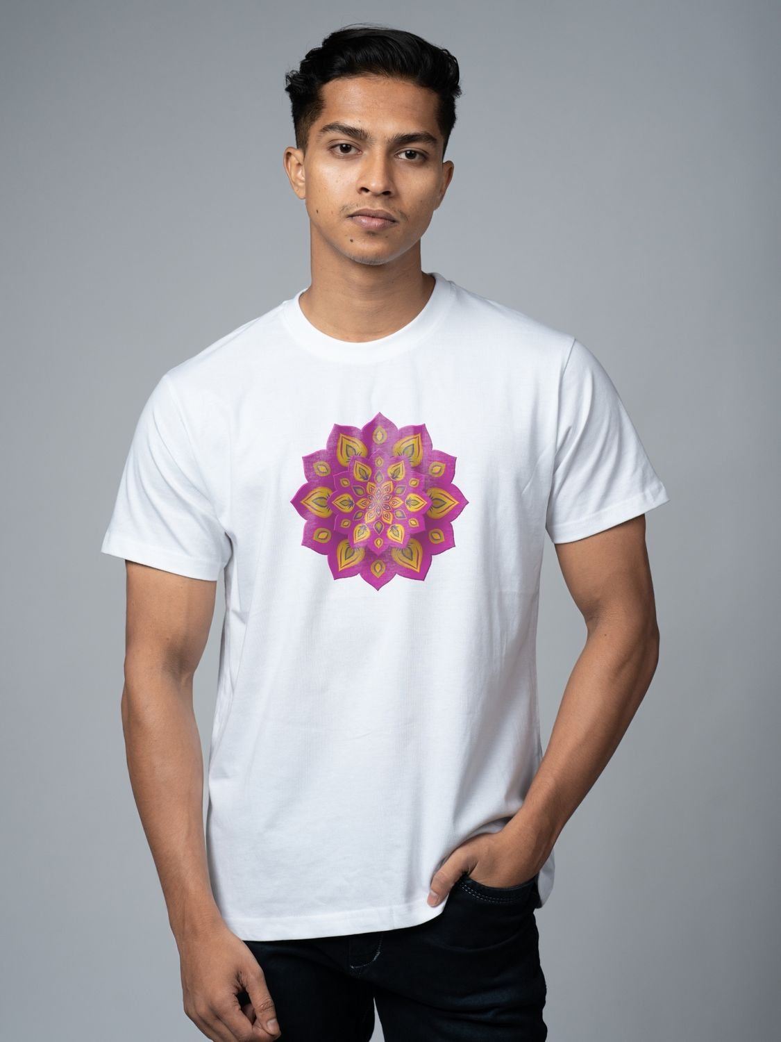 Roads to India® T-Shirt for Men – 100% Cotton Rangoli Half Sleeve Round Neck Graphic Print Tee | Unisex Regular & Oversized Fit | 180/220 GSM | S–5XL | Black, Navy Blue, Olive Green, Yellow, White