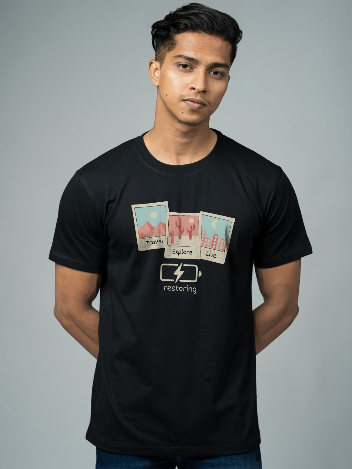 Roads to India® Cotton T-Shirt for Men – Restore Your Soul Graphic Print Tee | Half Sleeve Round Neck | Unisex Regular & Oversized Fit | 180/220 GSM | Red, Navy Blue, Grey, Black | S to 5XL