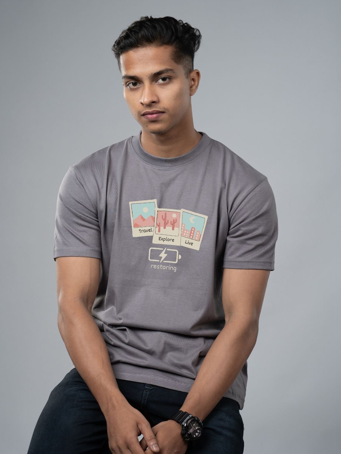 Roads to India® Cotton T-Shirt for Men – Restore Your Soul Graphic Print Tee | Half Sleeve Round Neck | Unisex Regular & Oversized Fit | 180/220 GSM | Red, Navy Blue, Grey, Black | S to 5XL