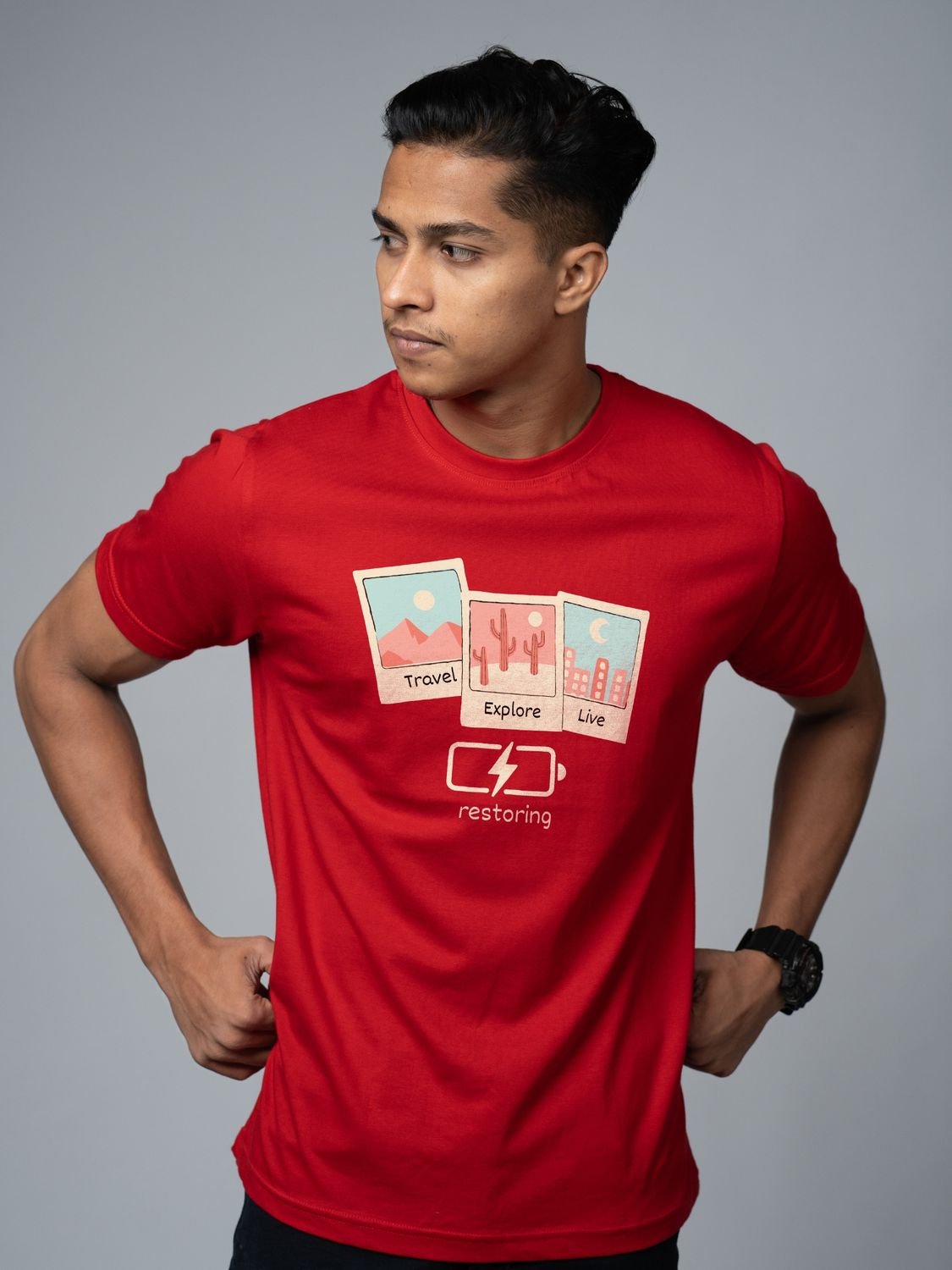 Roads to India® Cotton T-Shirt for Men – Restore Your Soul Graphic Print Tee | Half Sleeve Round Neck | Unisex Regular & Oversized Fit | 180/220 GSM | Red, Navy Blue, Grey, Black | S to 5XL