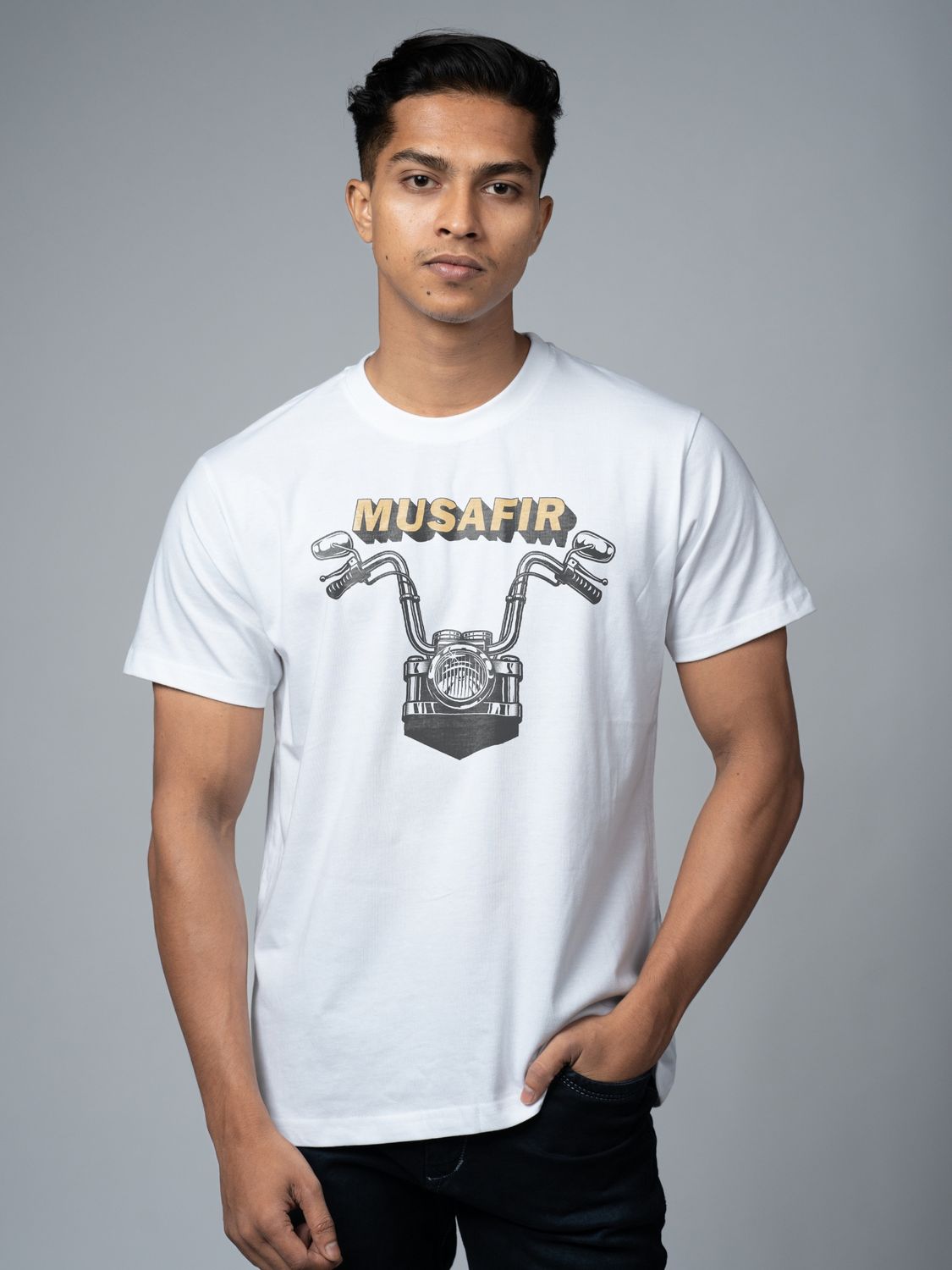 Roads to India® T-Shirt for Men – 100% Cotton Musafir Half Sleeve Round Neck Graphic Print Tee | Unisex Regular & Oversized Fit | 180/220 GSM | S–5XL | White