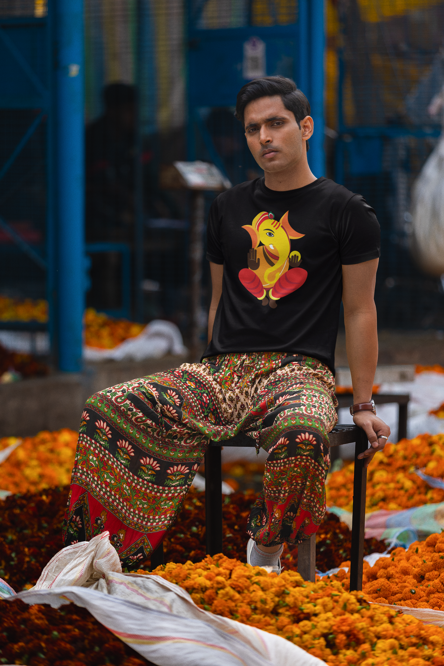 Ganesh Illustration - Exclusive Sitting Lord Ganesha -100% combed Organic cotton - Premium Quality - Unisex T shirt - Exclusive Design - Enjoy Ganesh Chaturthi With Roads To India