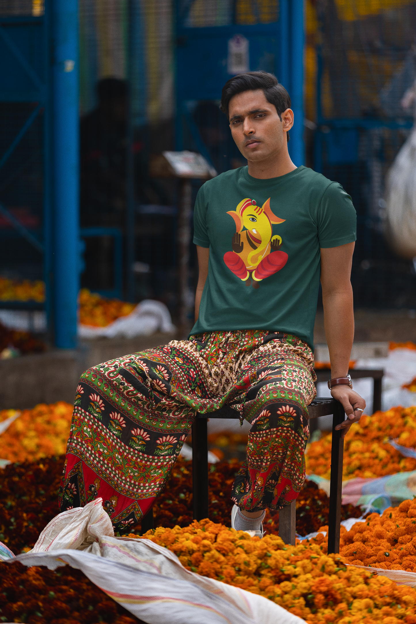 Ganesh Illustration - Exclusive Sitting Lord Ganesha -100% combed Organic cotton - Premium Quality - Unisex T shirt - Exclusive Design - Enjoy Ganesh Chaturthi With Roads To India